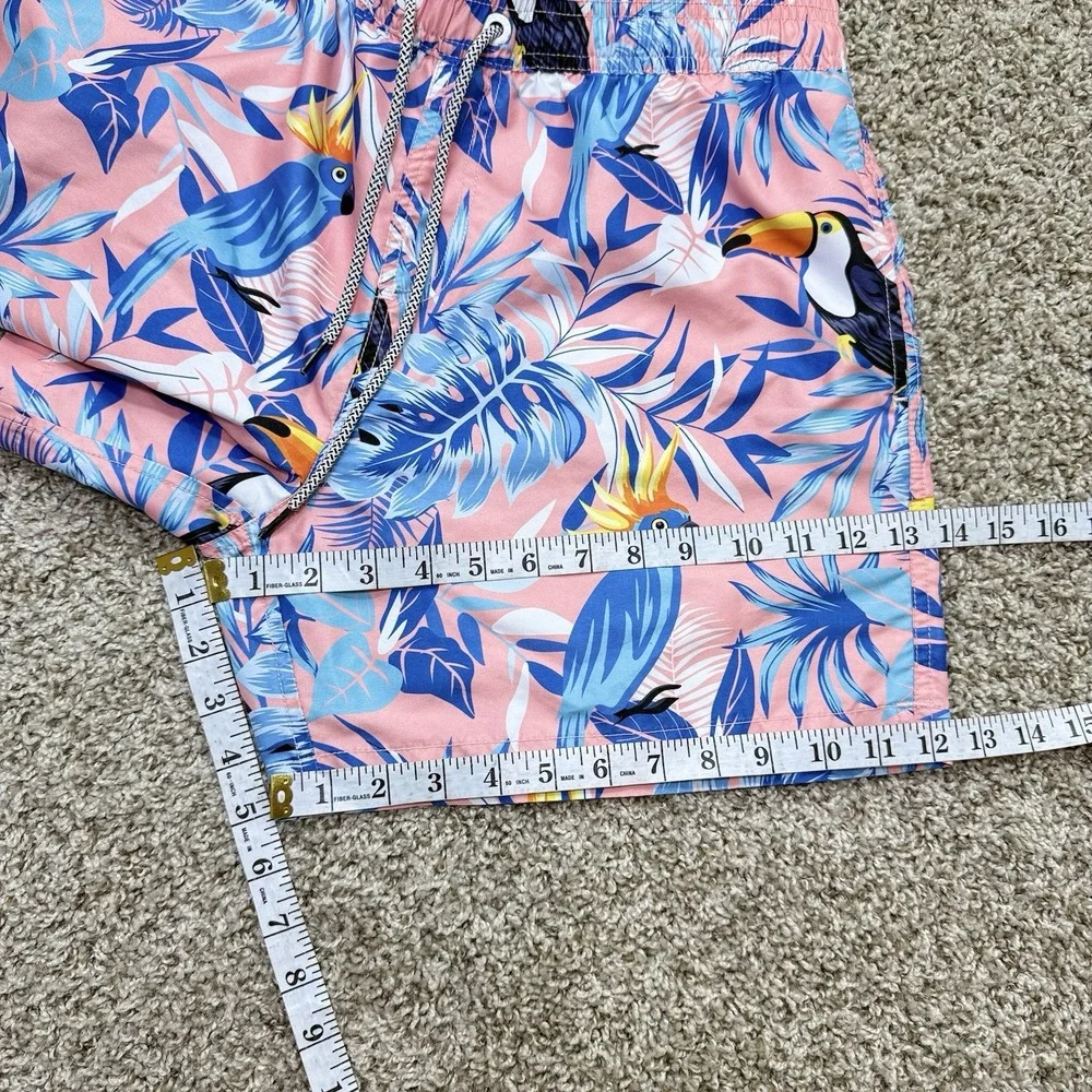 Maamgic Mens Medium Pink Tropical Bird Swim Trunks Mesh Lined Drawstring Shorts